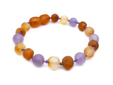 Baby certified Baltic amber jewellery for teething featuring multicoloured amber and amethyst beads