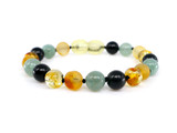 Eco-friendly handmade Baltic amber teething bracelet with obsidian and jade accents