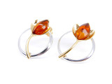 Natural Baltic Amber Tulip Flower Stud Earrings in 925 Sterling Silver – Elegant Women's Jewellery Featuring Genuine Cognac Baltic Amber Gemstones, Gold-Plated Tulip Petals and Polished Rhodium-Plated Sterling Silver Circular Accents