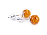 Natural Cognac Baltic Amber Stud Earrings in 925 Sterling Silver – Elegant Round Amber Ball Earrings for Women Featuring Genuine Polished Baltic Amber Gemstones in Warm Golden-Brown Tones with Rhodium-Plated Sterling Silver Settings