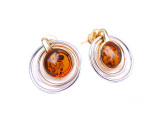 Cognac Baltic Amber Orbital Circle Stud Earrings in 925 Sterling Silver – Elegant Women's Jewellery Featuring Genuine Natural Baltic Amber Gemstones Surrounded by Concentric Silver Rings with Gold-Plated and Rose Gold-Tone Accents