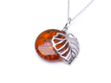 Cognac Baltic Amber Leaf Pendant in 925 Sterling Silver – Elegant Women's Jewellery Featuring Genuine Natural Cognac Baltic Amber with a Delicate Openwork Leaf Design in High-Polish Rhodium-Plated Sterling Silver