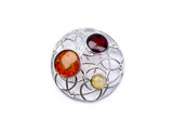 Multicolour Baltic amber pendant measuring 2.9 × 2.9 cm, featuring three polished amber stones set in a decorative hallmarked 925 sterling silver frame