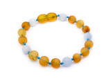 Genuine Baltic amber child teething anklet with honey-coloured amber beads and aquamarine gemstones 
