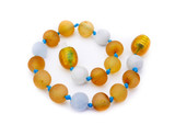 Certified handmade Baltic amber teething anklet for kids featuring raw amber and aquamarine stones