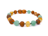 Multicolour raw amber and matte green agate teething bracelet eco-friendly handmade jewellery with secure screw clasp 