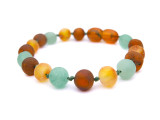 Authentic Baltic amber teething anklet or bracelet for kids handcrafted from natural raw amber and matte green agate gemstones