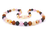 Pink quartz Baltic amber teething necklace for girls