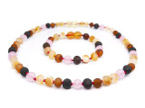 Multicoloured raw Baltic amber jewellery set with baroque beads and matte pink quartz accents - classic teething style design