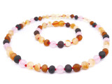 Multicoloured Baltic amber jewellery set with individually knotted baroque beads and secure clasp - classic teething style design