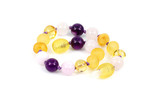 Eco-friendly amber teething bracelet and anklet for babies with polished pink rose quartz and dark purple chalcedony beads