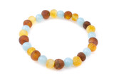 Handmade newborn boys' Baltic amber elastic anklet featuring multicoloured amber and blue aquamarine gemstones