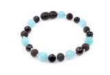 Raw Dark Cherry Baltic Amber and Blue Amazonite Teething Style Bracelet / Anklet – Handcrafted Natural Gemstone Jewellery with Contrasting Cherry Red and Sky Blue Beads
