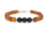 LEO Raw Caramel Baltic Amber and Black Onyx Bracelet for Children – Handmade Adjustable Zodiac Jewellery Featuring Genuine Unpolished Baltic Amber and Natural Black Onyx Gemstone Beads