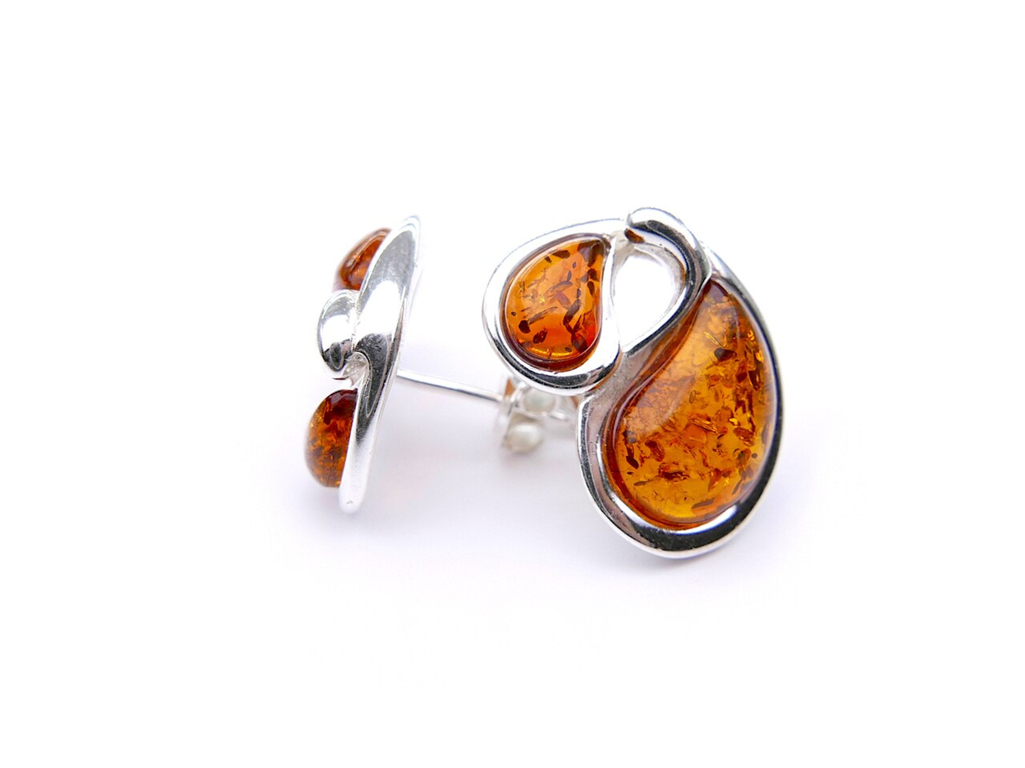 Oravo Baltic Amber Open Spiral Earrings Sterling Silver Cognac
