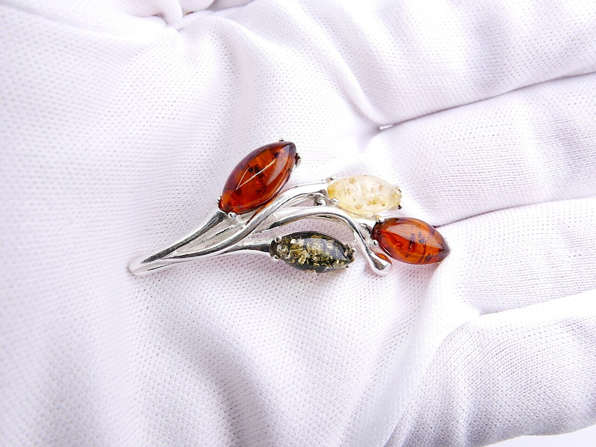 Baltic Amber & Silver Olive Branch Brooch for Women - Touch of