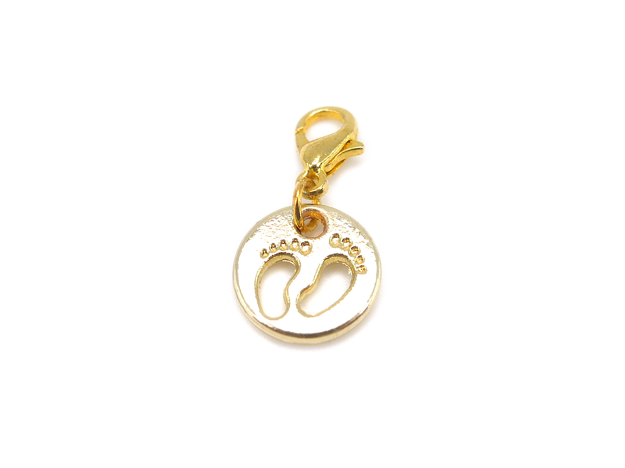 Baby feet disc charm gold pendant which can be easily attached to