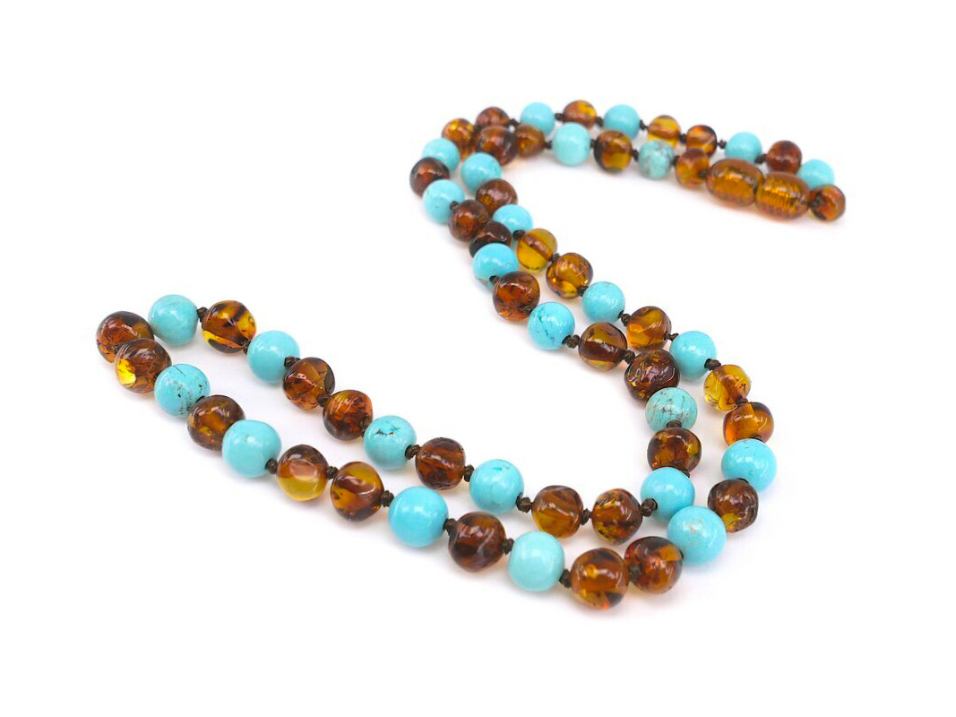 Collier Long 68 Pouces En Turquoise Et Ambre - Occasion (bleu)