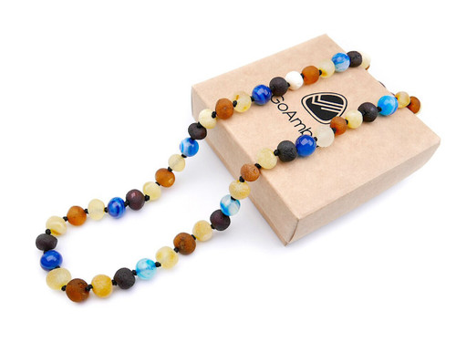 Blue agate amber teething necklace