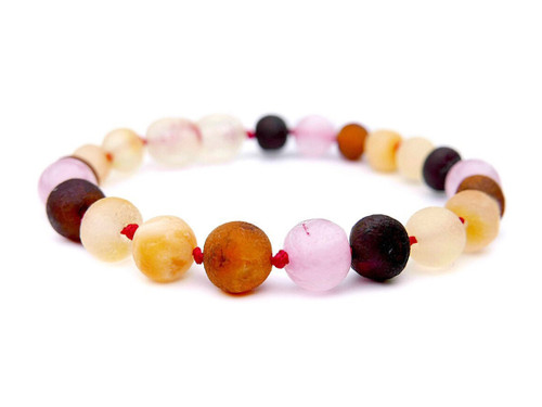 Pink rose quartz amber teething bracelet or anklet for baby