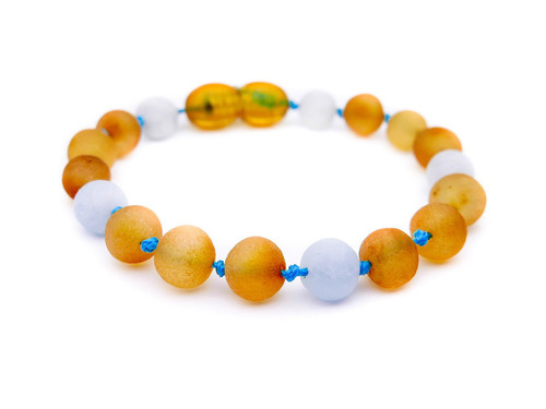 Aquamarine amber teething bracelet or anklet with raw unpolished beads for sale