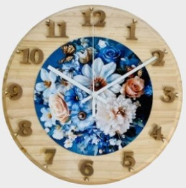 Handcrafted Wooden Floral Wall Clock – Rustic Blue & White Flower Silent Wall Clock for Living Room, Bedroom & Office