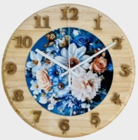 Handcrafted Wooden Floral Wall Clock – Rustic Blue & White Flower Silent Wall Clock for Living Room, Bedroom & Office