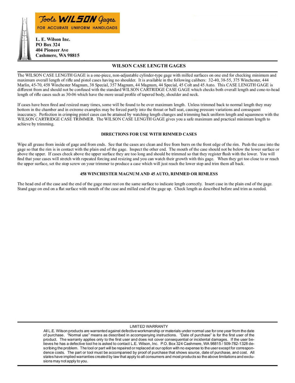 L.E. Wilson Case Length Gauge for 45 ACP NEW!! CLG-45A