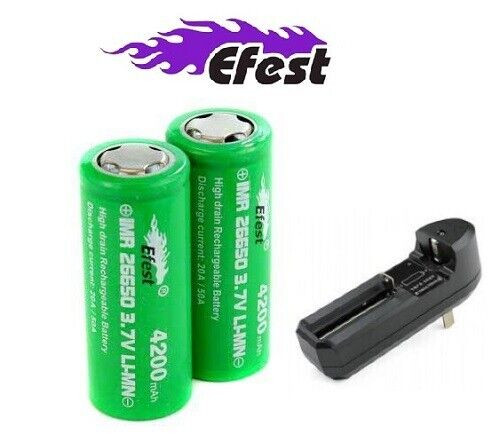 CHARGER + TWO IMR eFest 4200 mAh 26650 3.7v Li-Mn Flat Top authent CHARGER + TWO IMR eFest 4200 mAh 26650 3.7v Li-Mn Flat Top authent