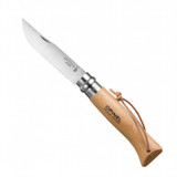 Couteau de poche N°08 Inox, Opinel, acier inox/bois, Virobloc, lanière cuir