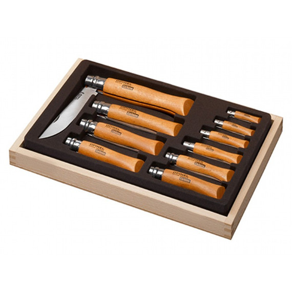 Show-case zakmes,10x Carbon assorti,Opinel Cl.,niet rvs/hout
