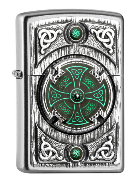 Briquet,Zippo,Spirituel,Croix verte celtique,chrome satiné