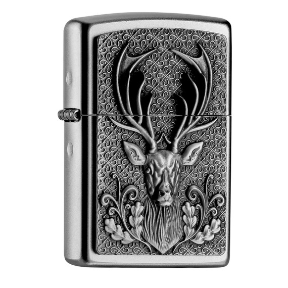 Briquet, Zippo, tête de cerf, chrome satiné, boîte