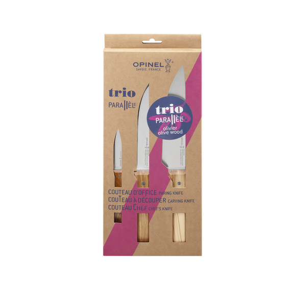 Set de couteaux 3 pièces, Opinel Parallèle, acier inoxydable / bois d'olivier, coffret