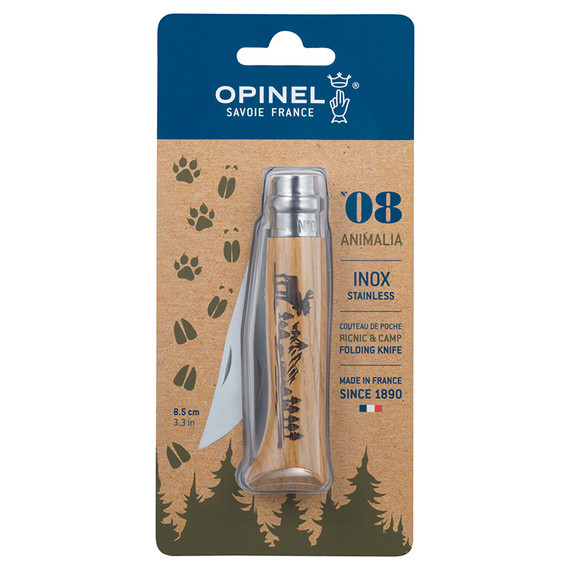 Couteau de poche N°08 Elk, gravures Opinel, acier inoxydable/bois, blister
