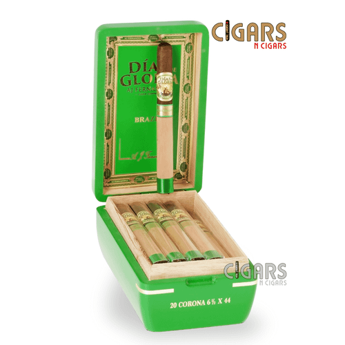 Open box of AJ Fernandez Dias de Gloria Brazil Corona 6 1/2 x 44 box-pressed cigars with Brazilian Mata Fina wrappers