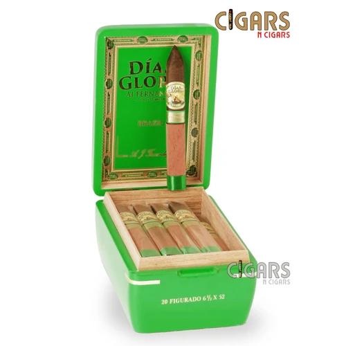 Open box of AJ Fernandez Dias de Gloria Brazil Figurado 6 1/2 x 52 cigars with dark Brazilian Mata Fina wrappers