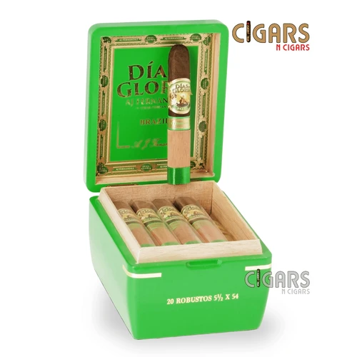 Open box of AJ Fernandez Dias de Gloria Brazil Robusto 5 1/2 x 54 cigars with dark Brazilian Mata Fina wrappers