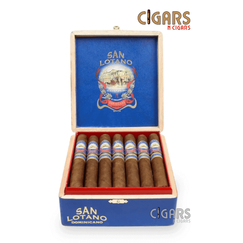 Open box of AJ Fernandez San Lotano Dominicano Toro 6 x 50 cigars arranged in rows, displaying Brazilian wrappers, San Lotano bands, and branded packaging