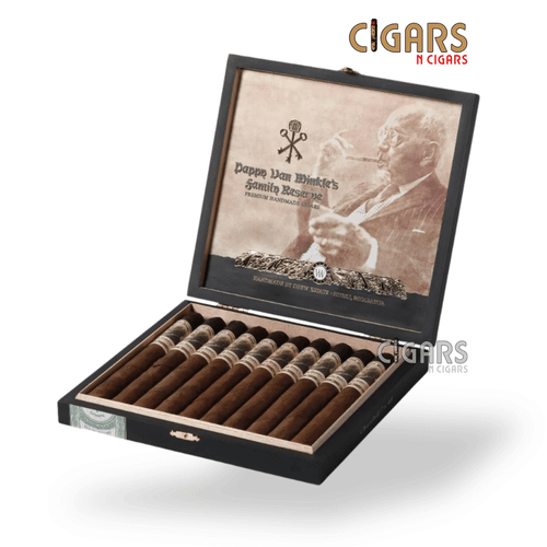 Open 10-count box of Drew Estate Pappy Van Winkle Barrel Fermented Churchill cigars
