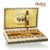 Open box of 10 AJ Fernandez New World Dorado Figurado 6 x 56 cigars displaying tapered box-pressed shapes, brown Habano wrappers, and gold Dorado bands