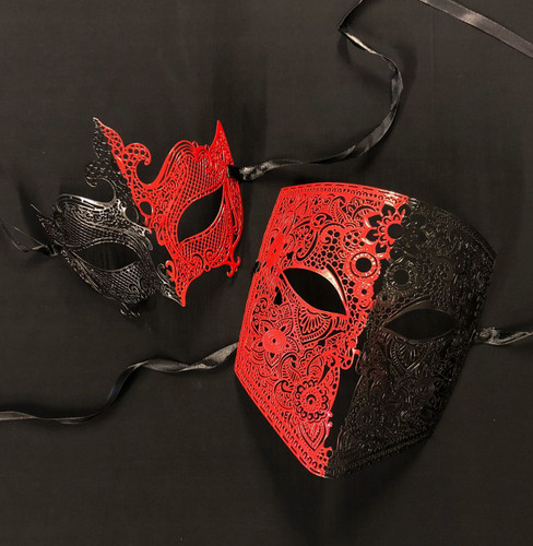 Black and red couples masquerade mask set