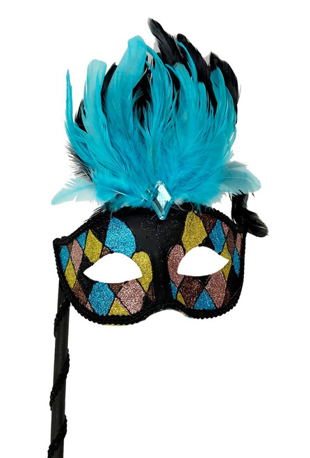 Stick Mask Glittered Feather Mask