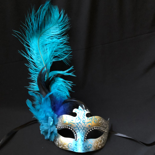Masquerade feather mask aqua gold