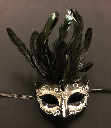 Black And Silver Venetian Feather Mask Masquerade Mask