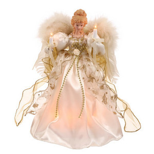 V119802 Vickerman - 12 Inch White Gold Lighted Angel Christmas Tree Topper