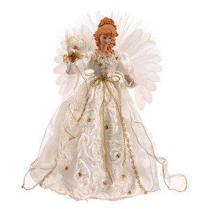 V119806 Vickerman - 18 Inch White Gold Lighted Angel Christmas Tree Topper