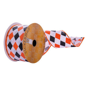 Q221161 Vickerman - 2.5 in x 10 yd White, Orange, and Black Diamond Wired Decorative Ribbon
