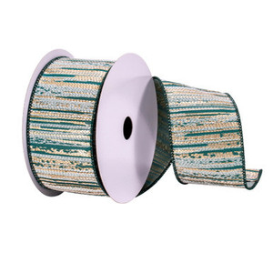 Q214829 Vickerman - 2.5 in x 10 yd Green, Cream, and Champagne Stripe Metallic Wired Decorative Ribbon