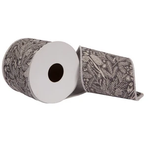 QR223219 Vickerman - 4 in x 5 yd Gray Jacquard Wired Decorative Ribbon